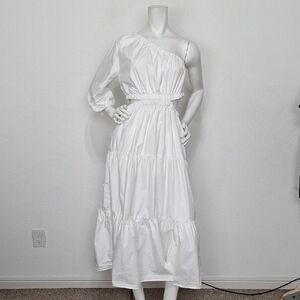 The Drop White April One Shoulder Boho Cottagecore Cut Out Tiered Maxi Dress- M